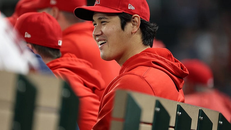 Sep 16, 2023; Anaheim, California, USA;  Los Angeles Angels two-way player Shohei Ohtani (17) in the dugout  during the seventh inning against the Detroit Tigers at Angel Stadium. Mandatory Credit: Kiyoshi Mio-USA TODAY Sports