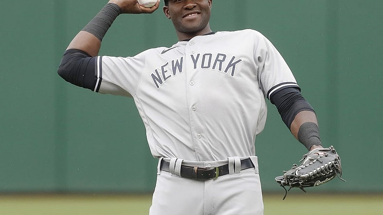 Sep 17, 2023; Pittsburgh, Pennsylvania, USA; New York Yankees center fielder Estevan Florial (90) warms up before the game against the Pittsburgh Pirates at PNC Park. Mandatory Credit: Charles LeClaire-USA TODAY Sports