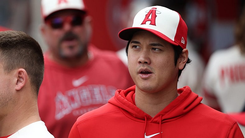 Sep 17, 2023; Anaheim, California, USA;  Los Angeles Angels two-way player Shohei Ohtani (17) in the dugout during the MLB game against the Detroit Tigers at Angel Stadium. Mandatory Credit: Kiyoshi Mio-USA TODAY Sports