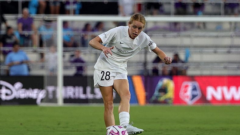 Sep 17, 2023; Orlando, Florida, USA; North Carolina Courage forward Tess Boade (28) controls the ball during the second half against the Orlando Pride at Exploria Stadium. Mandatory Credit: Mike Watters-USA TODAY Sports