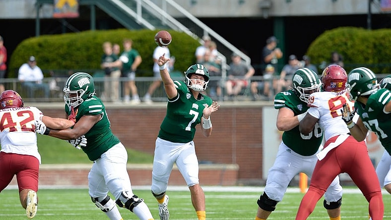 Sep 16, 2023; Athens, Ohio, USA;  Ohio University Bobcats quarterback Kurtis Rourke (7) during the second quarter against the Iowa State Cyclones at Peden Stadium. Mandatory Credit: Matt Lunsford-USA TODAY Sports