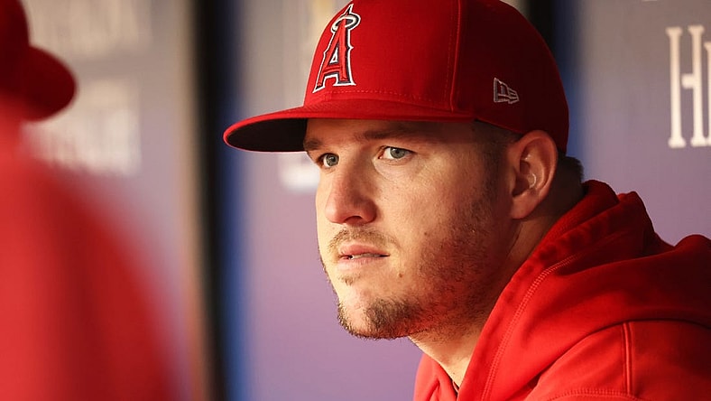 Sep 21, 2023; St. Petersburg, Florida, USA; Los Angeles Angels outfielder Mike Trout (27) looks on against the Tampa Bay Rays during the first inning at Tropicana Field. Mandatory Credit: Kim Klement Neitzel-USA TODAY Sports
