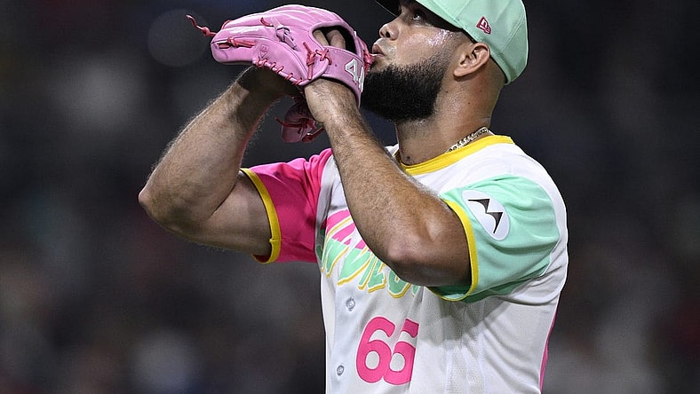 Sep 22, 2023; San Diego, California, USA; San Diego Padres relief pitcher Luis Garcia (66) reacts while walking to the dugout after a pitching change in the eighth inning against the St. Louis Cardinals at Petco Park. Mandatory Credit: Orlando Ramirez-USA TODAY Sports