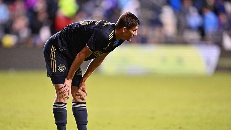 Sep 23, 2023; Philadelphia, Pennsylvania, USA; Philadelphia Union forward Chris Donovan (25) rests on his knees after a play against Los Angeles FC during the second half at Subaru Park. Mandatory Credit: Kyle Ross-USA TODAY Sports