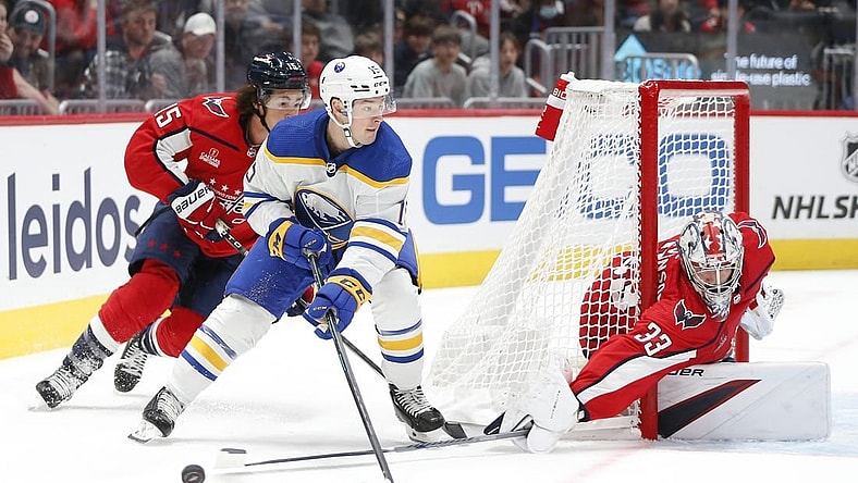 Sep 24, 2023; Washington, District of Columbia, USA; Washington Capitals goalie Clay Stevenson (33) makes a save against Buffalo Sabres forward Brandon Biro (15) during overtime at Capital One Arena. Mandatory Credit: Amber Searls-USA TODAY Sports