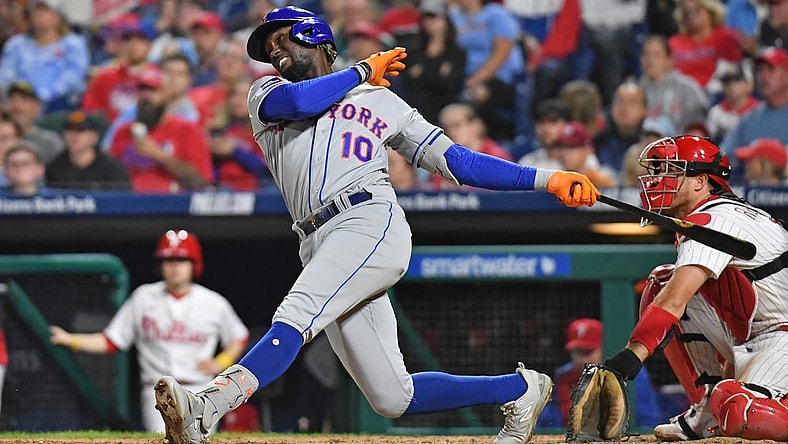 Sep 24, 2023; Philadelphia, Pennsylvania, USA; New York Mets shortstop Ronny Mauricio (10) hits a two run home run during the sixth inning against the Philadelphia Phillies at Citizens Bank Park. Mandatory Credit: Eric Hartline-USA TODAY Sports