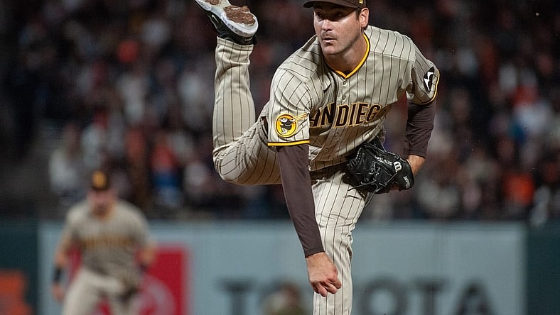 Sep 26, 2023; San Francisco, California, USA; San Diego Padres starting pitcher Seth Lugo (67) throws a pitch during the eighth inning against the San Francisco Giants at Oracle Park. Mandatory Credit: Ed Szczepanski-USA TODAY Sports