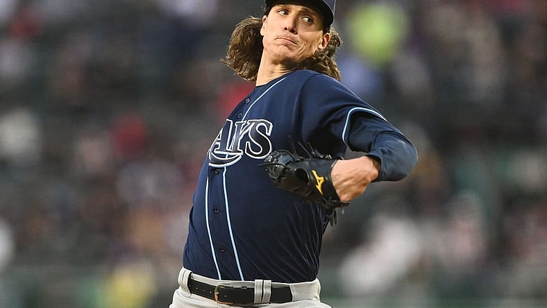 Sep 27, 2023; Boston, Massachusetts, USA; Tampa Bay Rays starting pitcher Tyler Glasnow (20) pitches against the Boston Red Sox during the first inning at Fenway Park. Mandatory Credit: Brian Fluharty-USA TODAY Sports