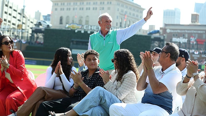 Former Detroit Tigers Jim Leyland introduced during pregame ceremonies for Detroit Tigers designated hitter Miguel Cabrera (24) at Comerica Park in Detroit on Saturday, Sept. 30, 2023.