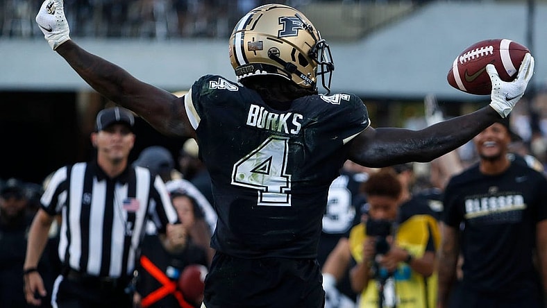 Purdue Boilermakers wide receiver Deion Burks (4) reacts after making a catch during the NCAA football game against the Illinois Fighting Illini, Saturday, Sept. 30, 2023, at Ross-Ade Stadium in West Lafayette, Ind. Purdue Boilermakers won 44-19.