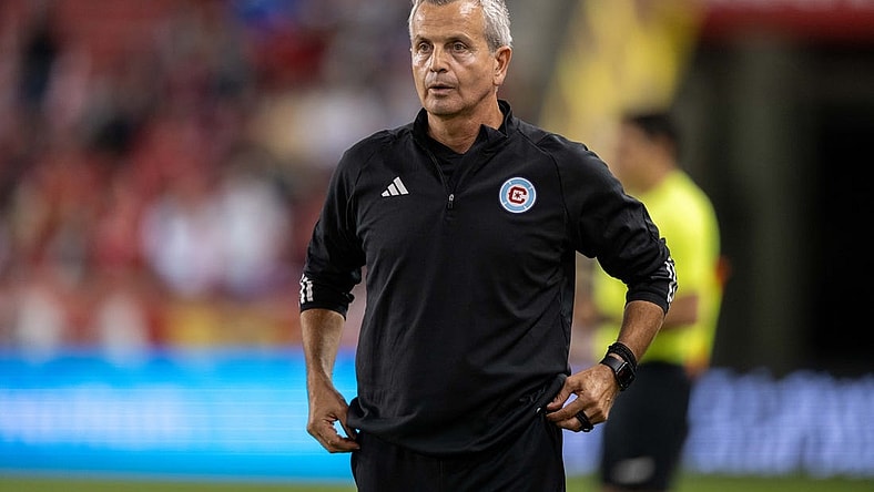 Sep 30, 2023; Harrison, New Jersey, USA; Chicago Fire head coach Frank Klopas looks on during the match against New York Red Bulls at Red Bull Arena. Mandatory Credit: Mark Smith-USA TODAY Sports