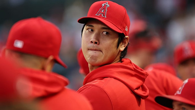 Sep 30, 2023; Anaheim, California, USA; Los Angeles Angels two-way player Shohei Ohtani (17) watches a game against the Oakland Athletics from the dugout at Angel Stadium. Mandatory Credit: Kiyoshi Mio-USA TODAY Sports