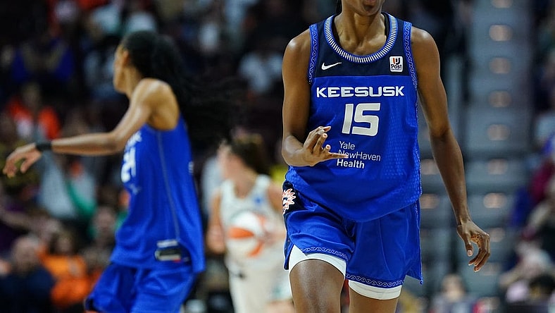 Oct 1, 2023; Uncasville, Connecticut, USA; Connecticut Sun guard Tiffany Hayes (15) reacts after her three point basket against the New York Liberty in the first half during game four of the 2023 WNBA Playoffs at Mohegan Sun Arena. Mandatory Credit: David Butler II-USA TODAY Sports