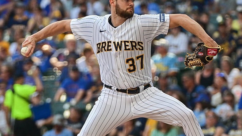 Oct 1, 2023; Milwaukee, Wisconsin, USA; Milwaukee Brewers pitcher Adrian Houser (37) pitches against the Chicago Cubs in the first inning at American Family Field. Mandatory Credit: Benny Sieu-USA TODAY Sports