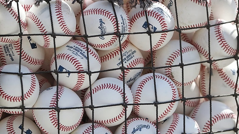 Oct 3, 2023; Minneapolis, Minnesota, USA; General view of baseball before the game between the Minnesota Twins and the Toronto Blue Jays during game one of the Wildcard series for the 2023 MLB playoffs at Target Field. Mandatory Credit: Jesse Johnson-USA TODAY Sports