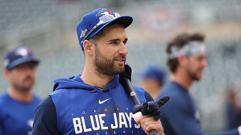 Oct 4, 2023; Minneapolis, Minnesota, USA; Toronto Blue Jays center fielder Kevin Kiermaier (39) looks on during batting practice before the game against the Minnesota Twins during game two of the Wildcard series for the 2023 MLB playoffs at Target Field. Mandatory Credit: Jesse Johnson-USA TODAY Sports