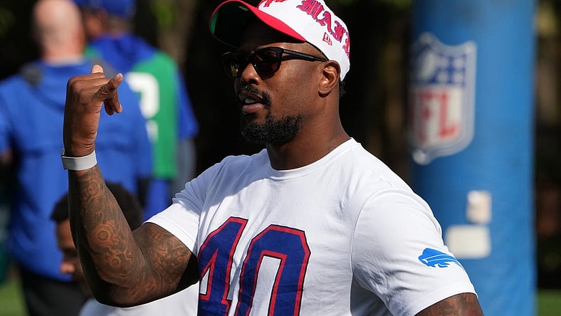 Oct 6, 2023; Watford, United Kingdom; Buffalo Bills linebacker Von Miller during practice at The Grove Hotel. Mandatory Credit: Kirby Lee-USA TODAY Sports
