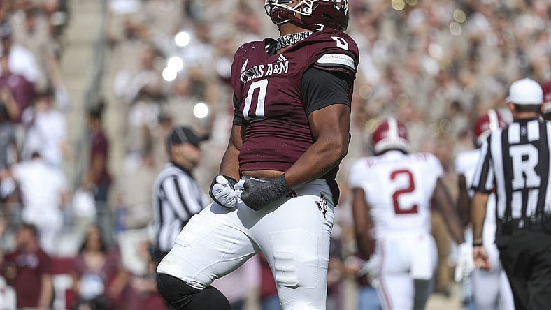 Oct 7, 2023; College Station, Texas, USA; Texas A&M Aggies defensive lineman Walter Nolen (0) reacts after a play during the second quarter against the Alabama Crimson Tide at Kyle Field. Mandatory Credit: Troy Taormina-USA TODAY Sports