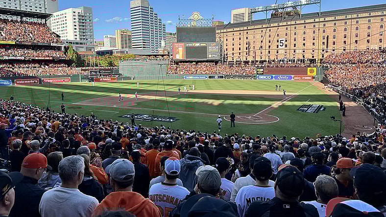 Oct 7, 2023; Baltimore, Maryland, USA; A general view during the eight inning in game one of the ALDS for the 2023 MLB playoffs between the Baltimore Orioles and the Texas Rangers at Oriole Park at Camden Yards. Mandatory Credit: Mitch Stringer-USA TODAY Sports