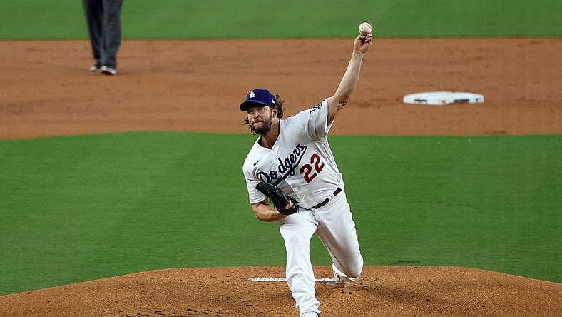 Oct 7, 2023; Los Angeles, California, USA; Los Angeles Dodgers starting pitcher Clayton Kershaw (22) throws a pitch against the Arizona Diamondbacks during the first inning for game one of the NLDS for the 2023 MLB playoffs at Dodger Stadium. Mandatory Credit: Kiyoshi Mio-USA TODAY Sports
