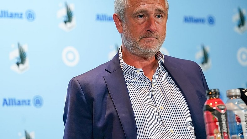 Oct 7, 2023; Saint Paul, Minnesota, USA; Minnesota United interim head coach Sean McAuley hosts the post-match press conference after defeating the Los Angeles Galaxy at Allianz Field. Mandatory Credit: Matt Blewett-USA TODAY Sports