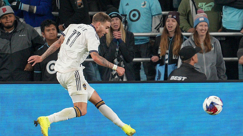 Oct 7, 2023; Saint Paul, Minnesota, USA; Los Angeles Galaxy midfielder Tyler Boyd (11) shoots the ball against Minnesota United in the first half at Allianz Field. Mandatory Credit: Matt Blewett-USA TODAY Sports