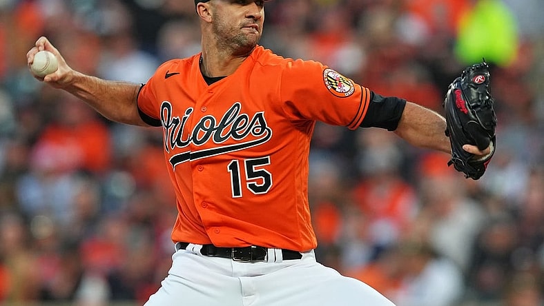 Oct 8, 2023; Baltimore, Maryland, USA; Baltimore Orioles starting pitcher Jack Flaherty (15) pitches during the fifth inning against the Texas Rangers during game two of the ALDS for the 2023 MLB playoffs at Oriole Park at Camden Yards. Mandatory Credit: Mitch Stringer-USA TODAY Sports