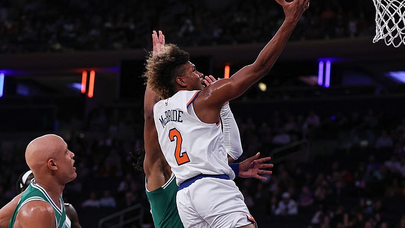 Oct 9, 2023; New York, New York, USA;New York Knicks guard Miles McBride (2) drives to the basket during the second half against the Boston Celtics at Madison Square Garden. Mandatory Credit: Vincent Carchietta-USA TODAY Sports