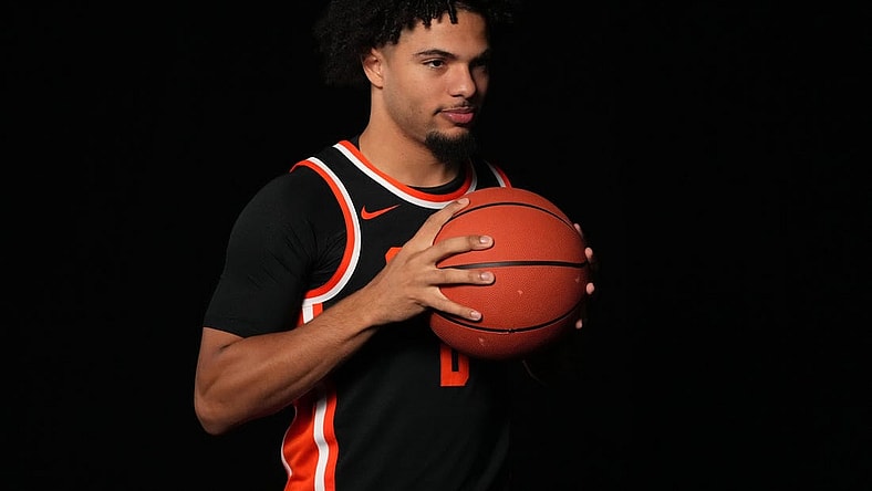 Oct 11, 2023; Las Vegas, NV, USA; Oregon State Beavers guard Jordan Pope (0) poses during Pac-12 Media Day at Park MGM Las Vegas Conference Center. Mandatory Credit: Kirby Lee-USA TODAY Sports