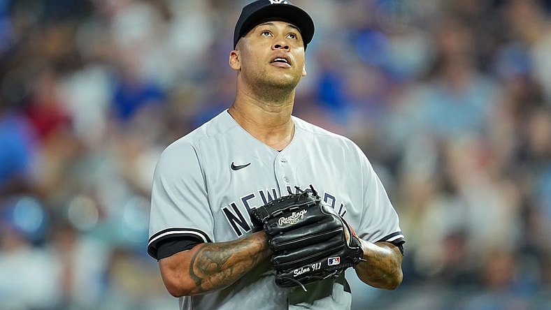 Sep 30, 2023; Kansas City, Missouri, USA; New York Yankees starting pitcher Frankie Montas (47) leaves the field during the sixth inning against the Kansas City Royals at Kauffman Stadium. Mandatory Credit: Jay Biggerstaff-USA TODAY Sports