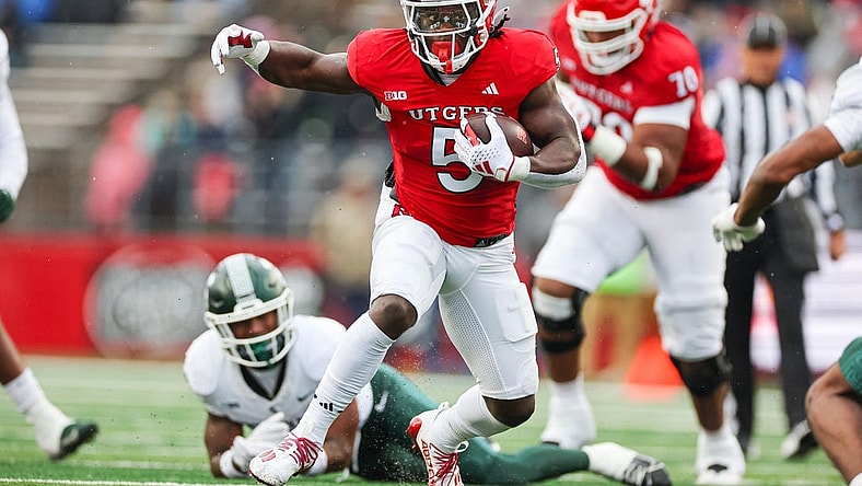 Oct 14, 2023; Piscataway, New Jersey, USA; Rutgers Scarlet Knights running back Kyle Monangai (5) carries the ball during the first half against the Michigan State Spartans at SHI Stadium. Mandatory Credit: Vincent Carchietta-USA TODAY Sports