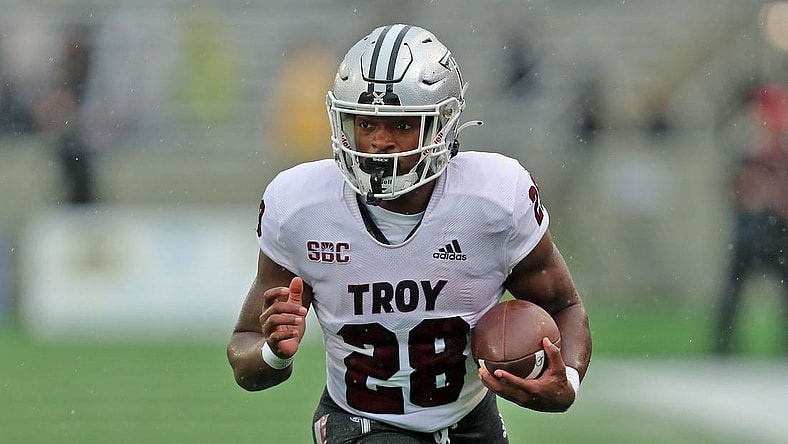 Oct 14, 2023; West Point, New York, USA; Troy Trojans running back Kimani Vidal (28) runs with the ball against the Army Black Knights during the first half at Michie Stadium. Mandatory Credit: Danny Wild-USA TODAY Sports