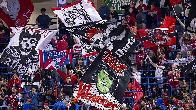 Oct 14, 2023; Frisco, TX, USA; A view of the FC Dallas fans and their flags during the first half of the game between FC Dallas and the Colorado Rapids at Toyota Stadium. Mandatory Credit: Jerome Miron-USA TODAY Sports