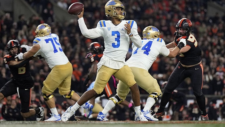 Oct 14, 2023; Corvallis, Oregon, USA; UCLA Bruins quarterback Dante Moore (3) throws the ball during the second half against the Oregon State Beavers at Reser Stadium. Mandatory Credit: Soobum Im-USA TODAY Sports