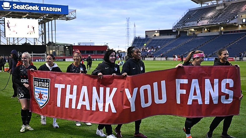 Oct 15, 2023; Bridgeview, Illinois, USA; Chicago Red Stars thank fans after the game against OL Reign at SeatGeek Stadium. Mandatory Credit: Daniel Bartel-USA TODAY Sports