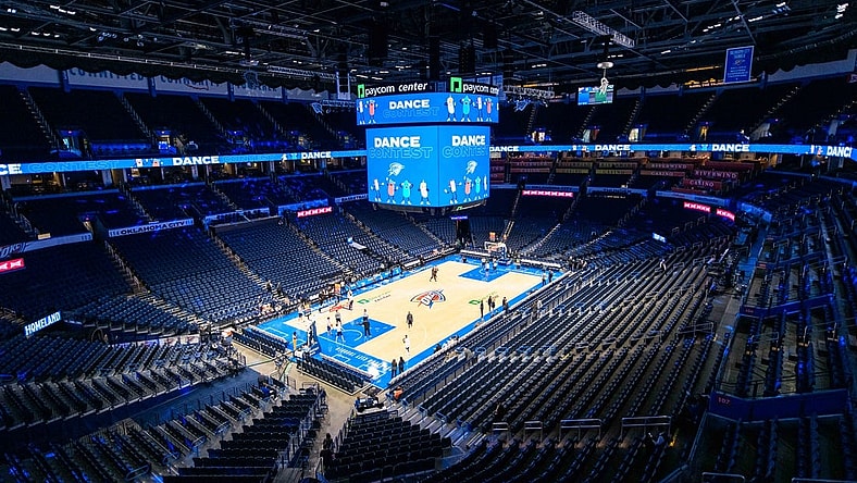 Oct 17, 2023; Oklahoma City, Oklahoma, USA; A general view of the Paycom Center before the game between the  Oklahoma City Thunder and Milwaukee Bucks at Paycom Center. Mandatory Credit: Rob Ferguson-USA TODAY Sports