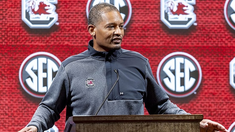 Oct 18, 2023; Brimingham, AL, USA; South Carolina Gamecocks head coach Lamont Paris talks with the media during the SEC Basketball Tipoff at Grand Bohemian Hotel Mountain Brook. Mandatory Credit: Vasha Hunt-USA TODAY Sports
