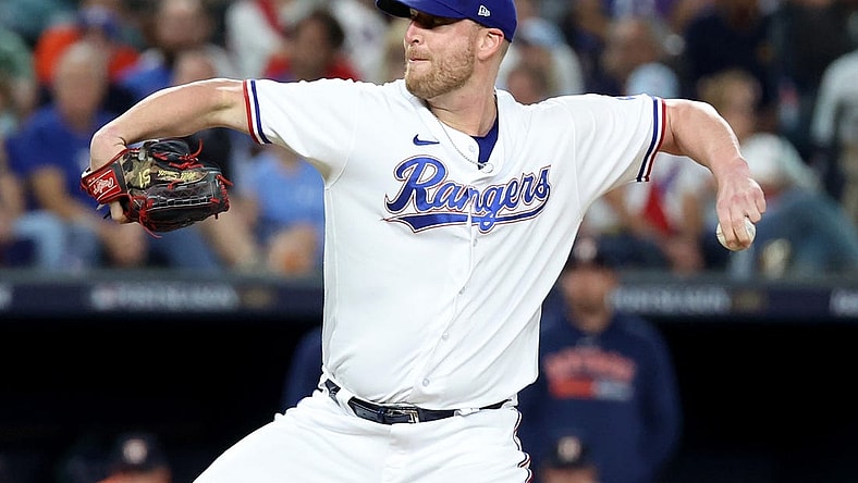 Oct 18, 2023; Arlington, Texas, USA; Texas Rangers pitcher Will Smith (51) throws during the seventh inning of game three of the ALCS against the Houston Astros in the 2023 MLB playoffs at Globe Life Field. Mandatory Credit: Kevin Jairaj-USA TODAY Sports