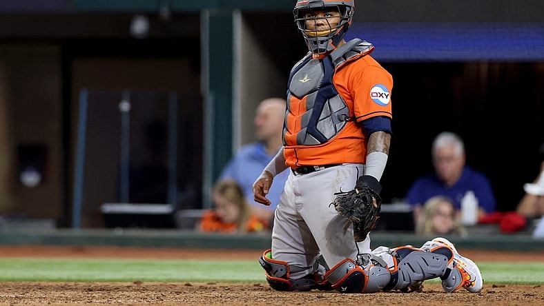 Oct 19, 2023; Arlington, Texas, USA; Houston Astros catcher Martin Maldonado (15) during the eighth inning in game four of the ALCS against the Texas Rangers for the 2023 MLB playoffs at Globe Life Field. Mandatory Credit: Andrew Dieb-USA TODAY Sports