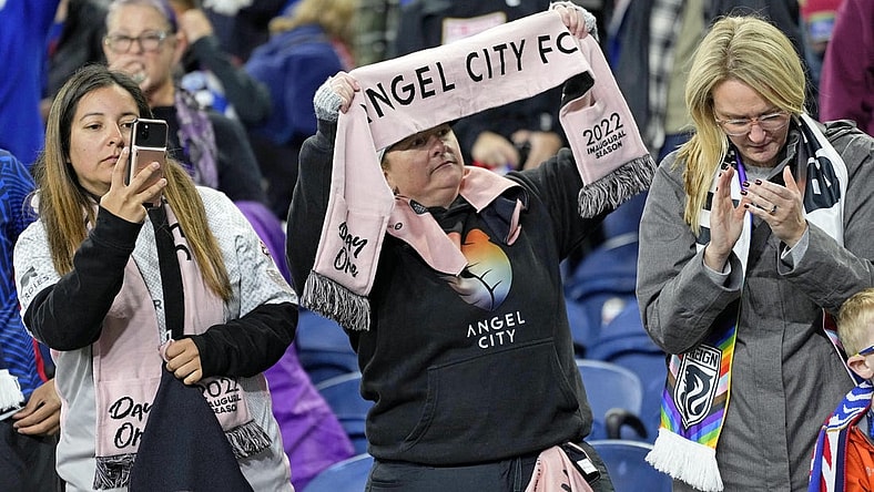 Oct 20, 2023; Seattle, Washington, USA; Angel City FC fans before the game against OL Reign at Lumen Field. Mandatory Credit: Stephen Brashear-USA TODAY Sports
