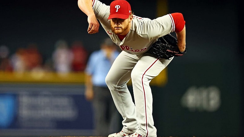 Oct 20, 2023; Phoenix, Arizona, USA; Philadelphia Phillies relief pitcher Craig Kimbrel (31) pitches during the eighth inning against the Arizona Diamondbacks in game four of the NLCS for the 2023 MLB playoffs at Chase Field. Mandatory Credit: Mark J. Rebilas-USA TODAY Sports