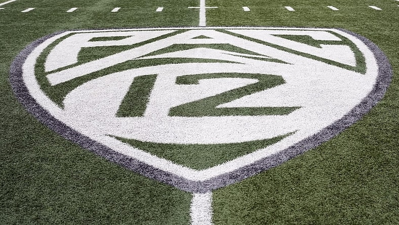 Oct 21, 2023; Eugene, Oregon, USA; A view of the PAC-12 field logo before the game between the Oregon Ducks and the Washington State Cougars at Autzen Stadium. Mandatory Credit: Soobum Im-USA TODAY Sports