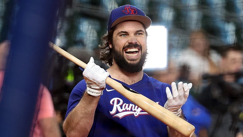 Oct 23, 2023; Houston, Texas, USA; (Editors Notes: Caption Correction) Texas Rangers catcher Austin Hedges (11) before game seven in the ALCS for the 2023 MLB playoffs at Minute Maid Park. Mandatory Credit: Thomas Shea-USA TODAY Sports