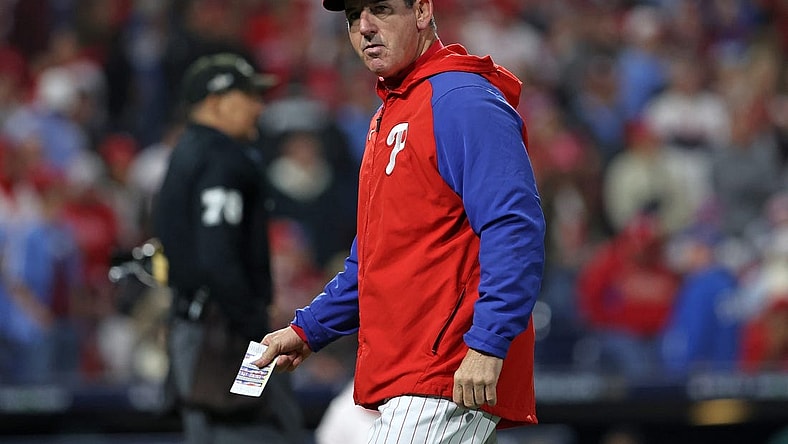 Oct 24, 2023; Philadelphia, Pennsylvania, USA; Philadelphia Phillies manager Rob Thomson (59) in the seventh inning during game seven of the NLCS for the 2023 MLB playoffs against the Arizona Diamondbacks at Citizens Bank Park. Mandatory Credit: Eric Hartline-USA TODAY Sports