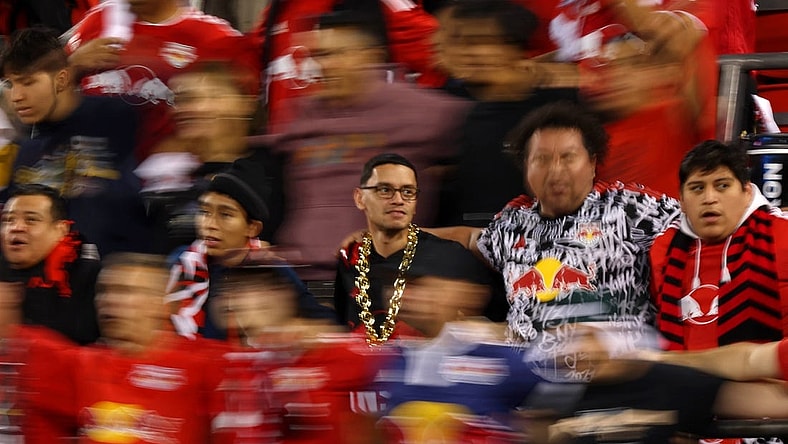 Oct 25, 2023; Harrison, NJ, USA; New York Red Bulls fans cheer during the first in the Eastern Conference Wild Card match of the 2023 MLS Cup Playoffs at Red Bull Arena. Mandatory Credit: Vincent Carchietta-USA TODAY Sports