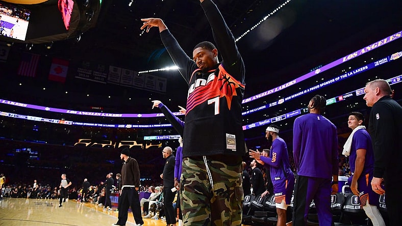 Oct 26, 2023; Los Angeles, California, USA; Phoenix Suns guard Bradley Beal (3) reacts after forward Kevin Durant (35) scores a three point basket against the Los Angeles Lakers during the second half at Crypto.com Arena. Mandatory Credit: Gary A. Vasquez-USA TODAY Sports