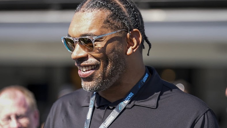 Oct 29, 2023; Charlotte, North Carolina, USA; Former Panther defensive end Julius Peppers awaits his induction into the Panthers Ring of Honor during the first quarter between the Carolina Panthers and the Houston Texans at Bank of America Stadium. Mandatory Credit: Jim Dedmon-USA TODAY Sports