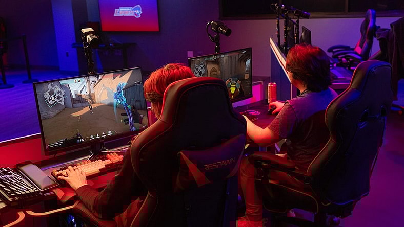 Players Dresden Lewis, 20, of Matawan and Dean Casiere, 20, of Freehold warm up before the start of the actual competition. Brookdale Community College has built an esports arena where students and the community can practice video gaming. It's the latest step in joining a rapidly growing industry. As part of it, the college also has introduced its first varsity esports team featuring 19 players for three different games.