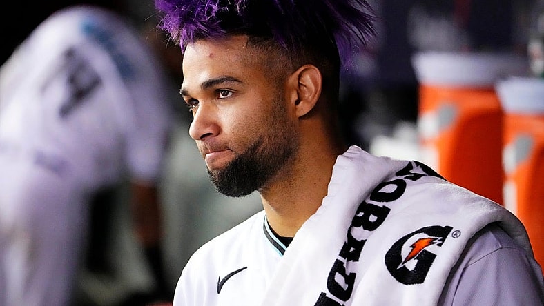 Arizona Diamondbacks left fielder Lourdes Gurriel Jr. (12) in the dugout during the fifth inning against the Texas Rangers during Game 5 of the 2023 World Series at Chase Field.