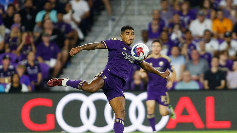 Oct 30, 2023; Orlando, Florida, USA; Orlando City SC midfielder Wilder Cartagena (16) against Nashville SC in the second half at Exploria Stadium. Mandatory Credit: Morgan Tencza-USA TODAY Sports